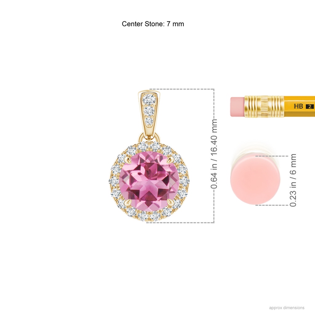 7mm AAA Claw-Set Round Pink Tourmaline Pendant with Diamond Halo in Yellow Gold Ruler