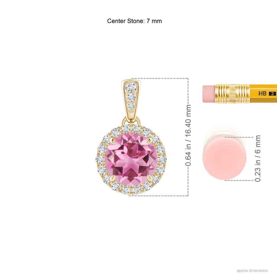 7mm AAA Claw-Set Round Pink Tourmaline Pendant with Diamond Halo in Yellow Gold ruler