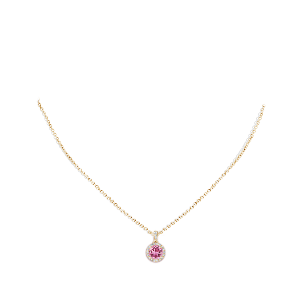 7mm AAA Claw-Set Round Pink Tourmaline Pendant with Diamond Halo in Yellow Gold Body-Neck