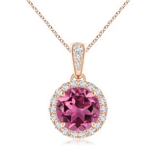 7mm AAAA Claw-Set Round Pink Tourmaline Pendant with Diamond Halo in Rose Gold