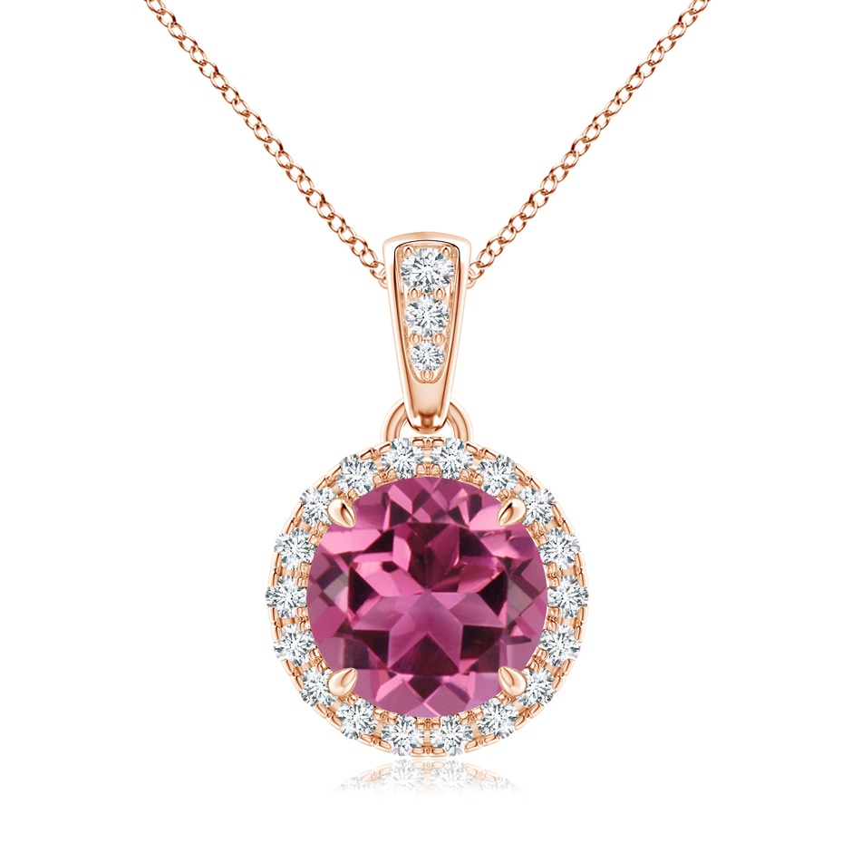 7mm AAAA Claw-Set Round Pink Tourmaline Pendant with Diamond Halo in Rose Gold 