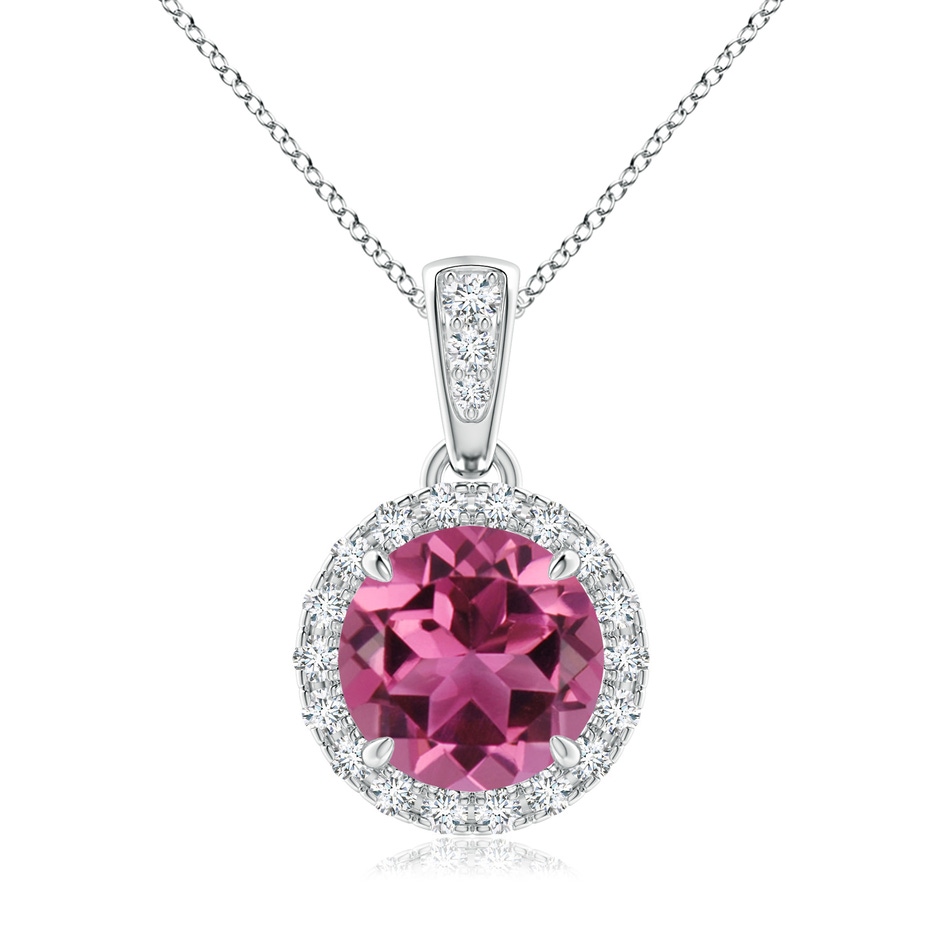 7mm AAAA Claw-Set Round Pink Tourmaline Pendant with Diamond Halo in White Gold 