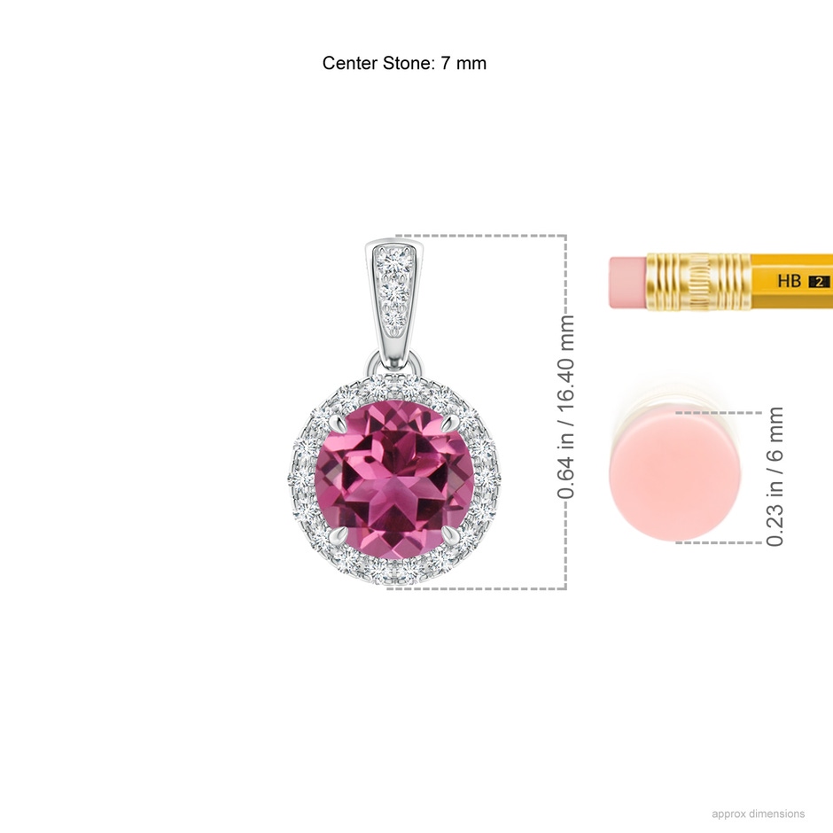 7mm AAAA Claw-Set Round Pink Tourmaline Pendant with Diamond Halo in White Gold ruler