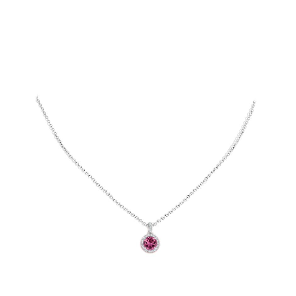 7mm AAAA Claw-Set Round Pink Tourmaline Pendant with Diamond Halo in White Gold body-neck
