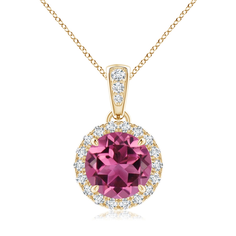 7mm AAAA Claw-Set Round Pink Tourmaline Pendant with Diamond Halo in Yellow Gold 