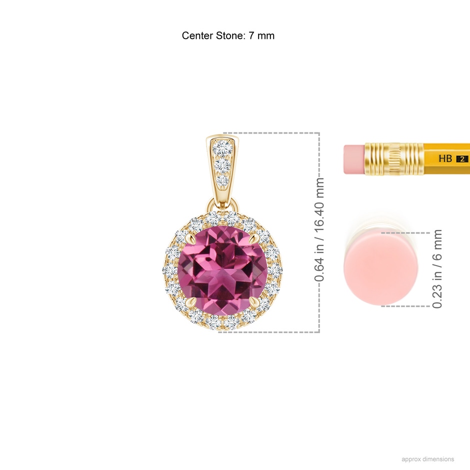 7mm AAAA Claw-Set Round Pink Tourmaline Pendant with Diamond Halo in Yellow Gold ruler