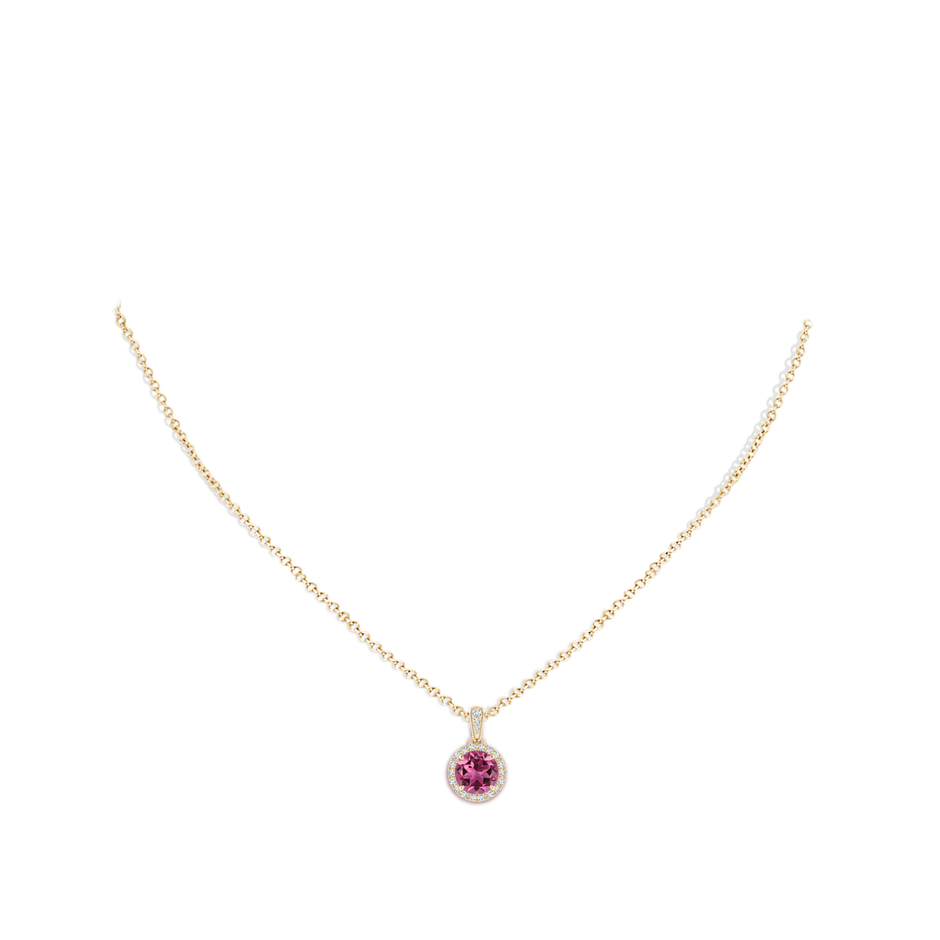 7mm AAAA Claw-Set Round Pink Tourmaline Pendant with Diamond Halo in Yellow Gold body-neck