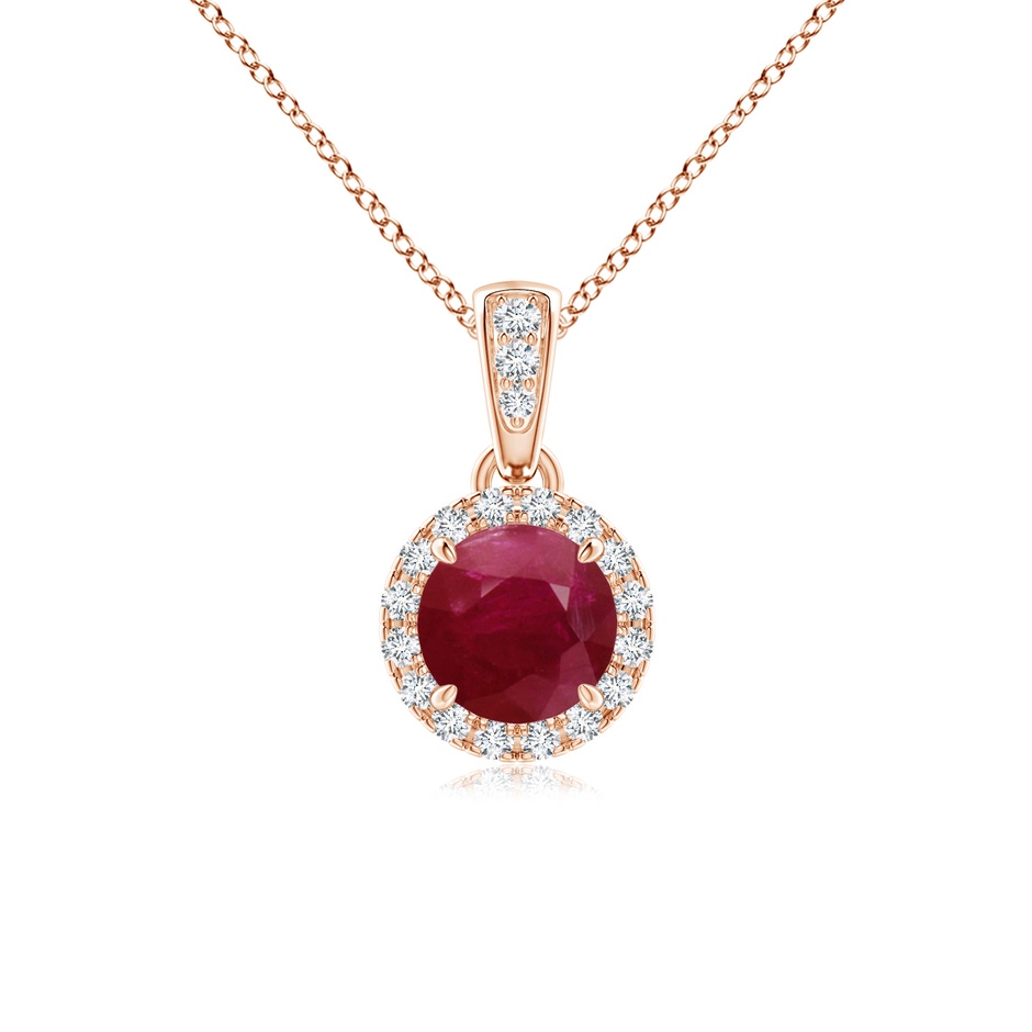 5mm A Claw-Set Round Ruby Pendant with Diamond Halo in Rose Gold 