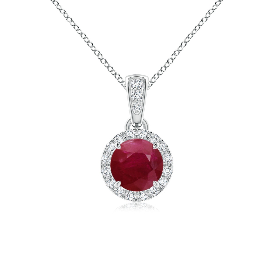5mm A Claw-Set Round Ruby Pendant with Diamond Halo in White Gold 