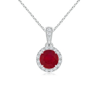 5mm AA Claw-Set Round Ruby Pendant with Diamond Halo in White Gold