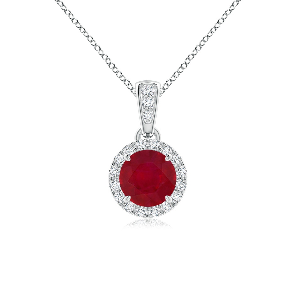 5mm AA Claw-Set Round Ruby Pendant with Diamond Halo in White Gold 