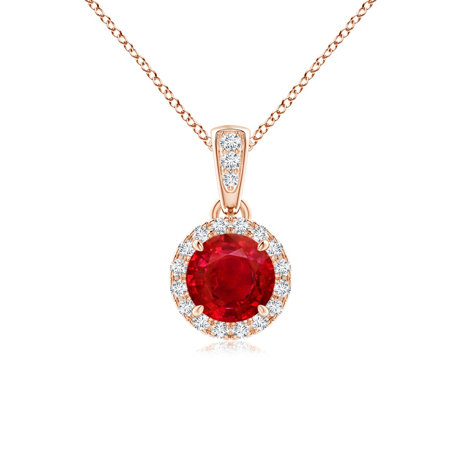 5mm AAA Claw-Set Round Ruby Pendant with Diamond Halo in Rose Gold 