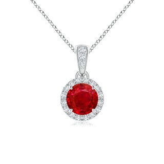5mm AAA Claw-Set Round Ruby Pendant with Diamond Halo in White Gold