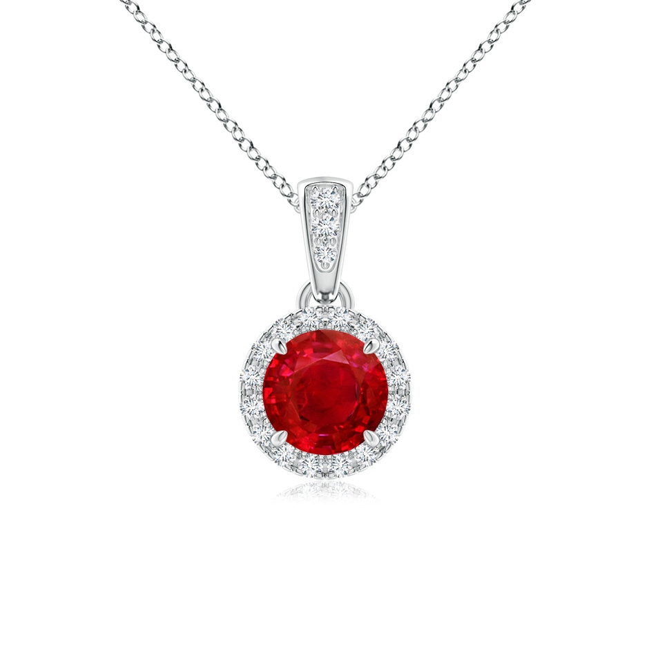 5mm AAA Claw-Set Round Ruby Pendant with Diamond Halo in White Gold 