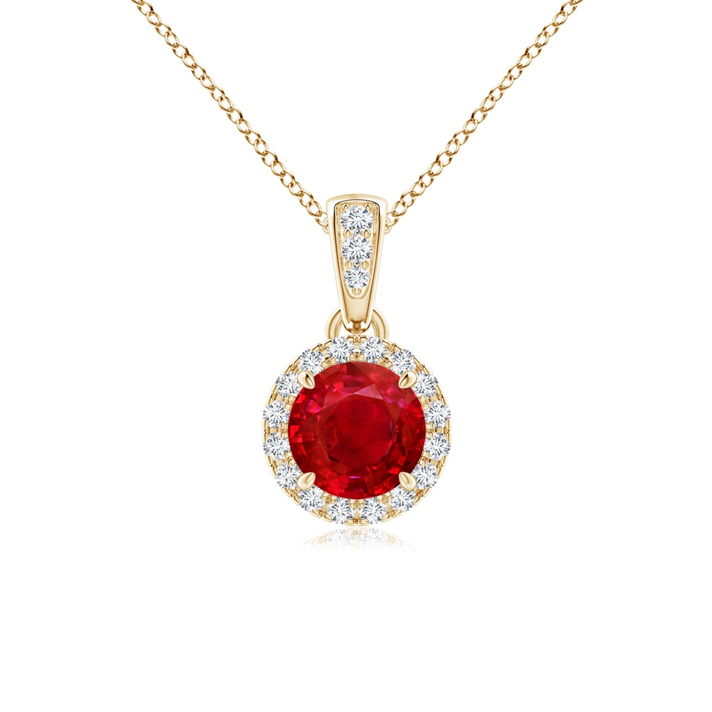 5mm AAA Claw-Set Round Ruby Pendant with Diamond Halo in Yellow Gold