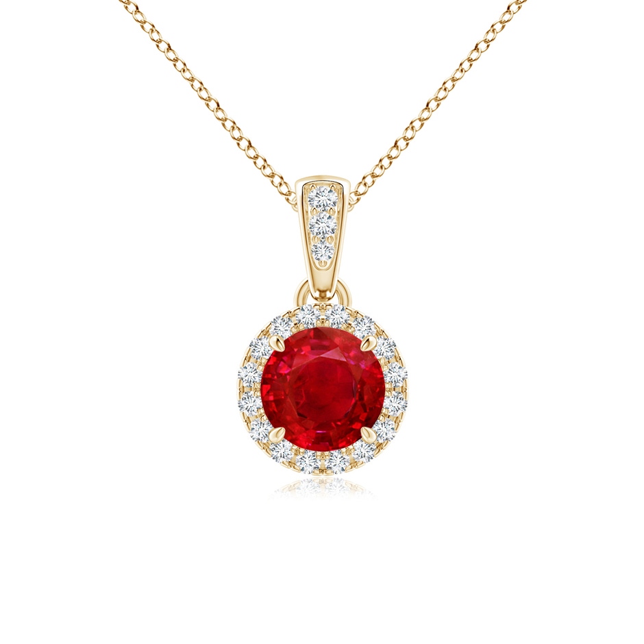 5mm AAA Claw-Set Round Ruby Pendant with Diamond Halo in Yellow Gold 