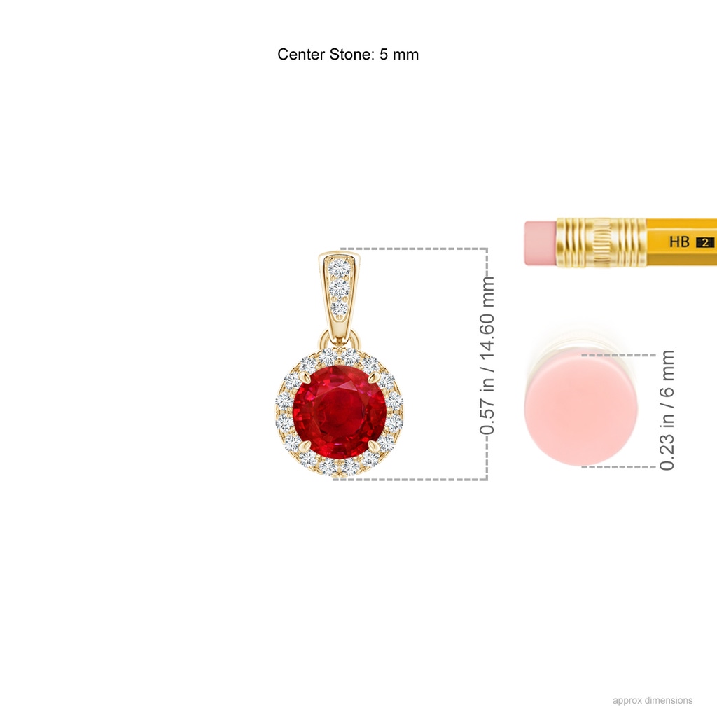 5mm AAA Claw-Set Round Ruby Pendant with Diamond Halo in Yellow Gold Ruler