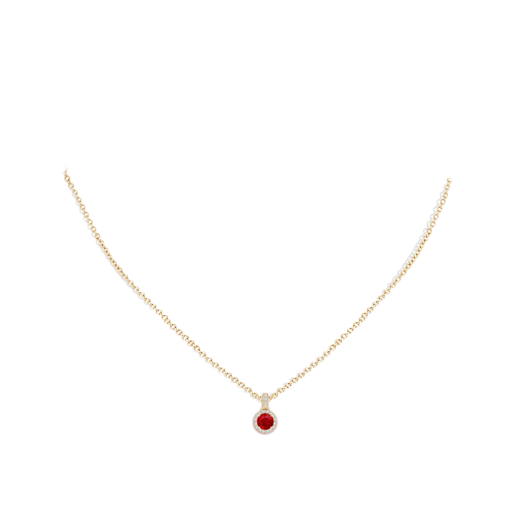 5mm AAA Claw-Set Round Ruby Pendant with Diamond Halo in Yellow Gold Body-Neck