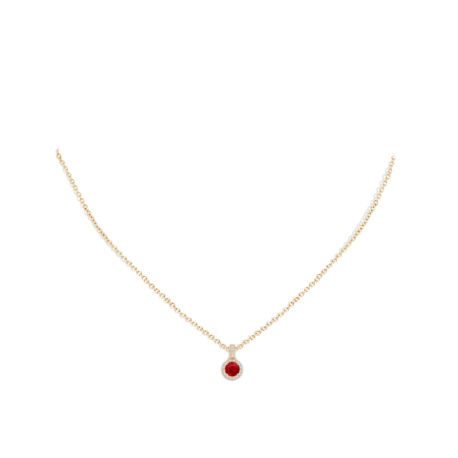5mm AAA Claw-Set Round Ruby Pendant with Diamond Halo in Yellow Gold pen