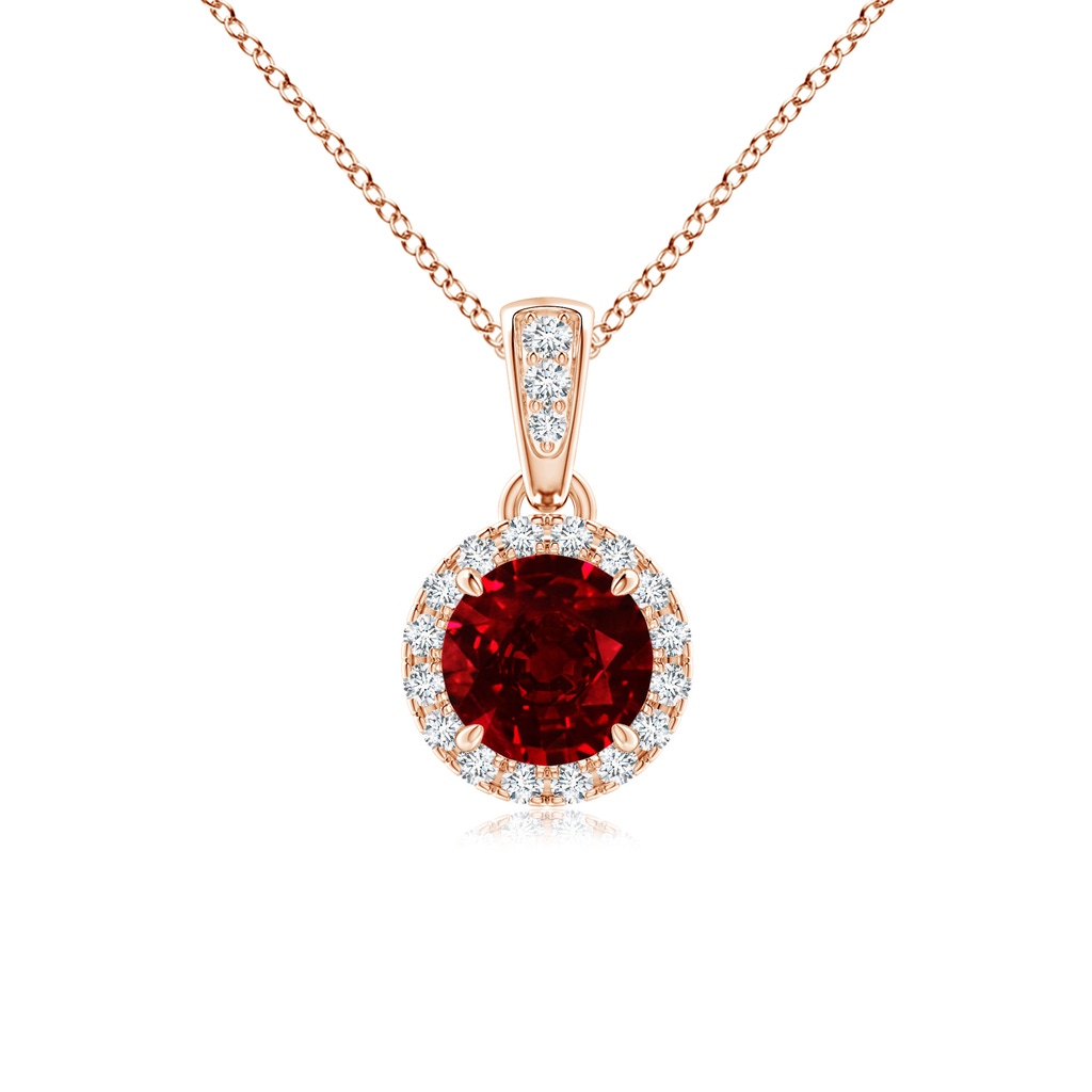 5mm AAAA Claw-Set Round Ruby Pendant with Diamond Halo in Rose Gold
