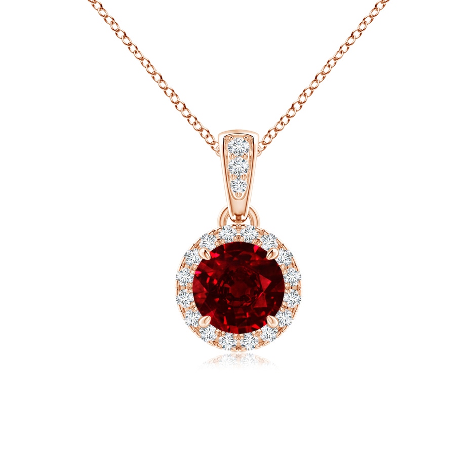 5mm AAAA Claw-Set Round Ruby Pendant with Diamond Halo in Rose Gold 