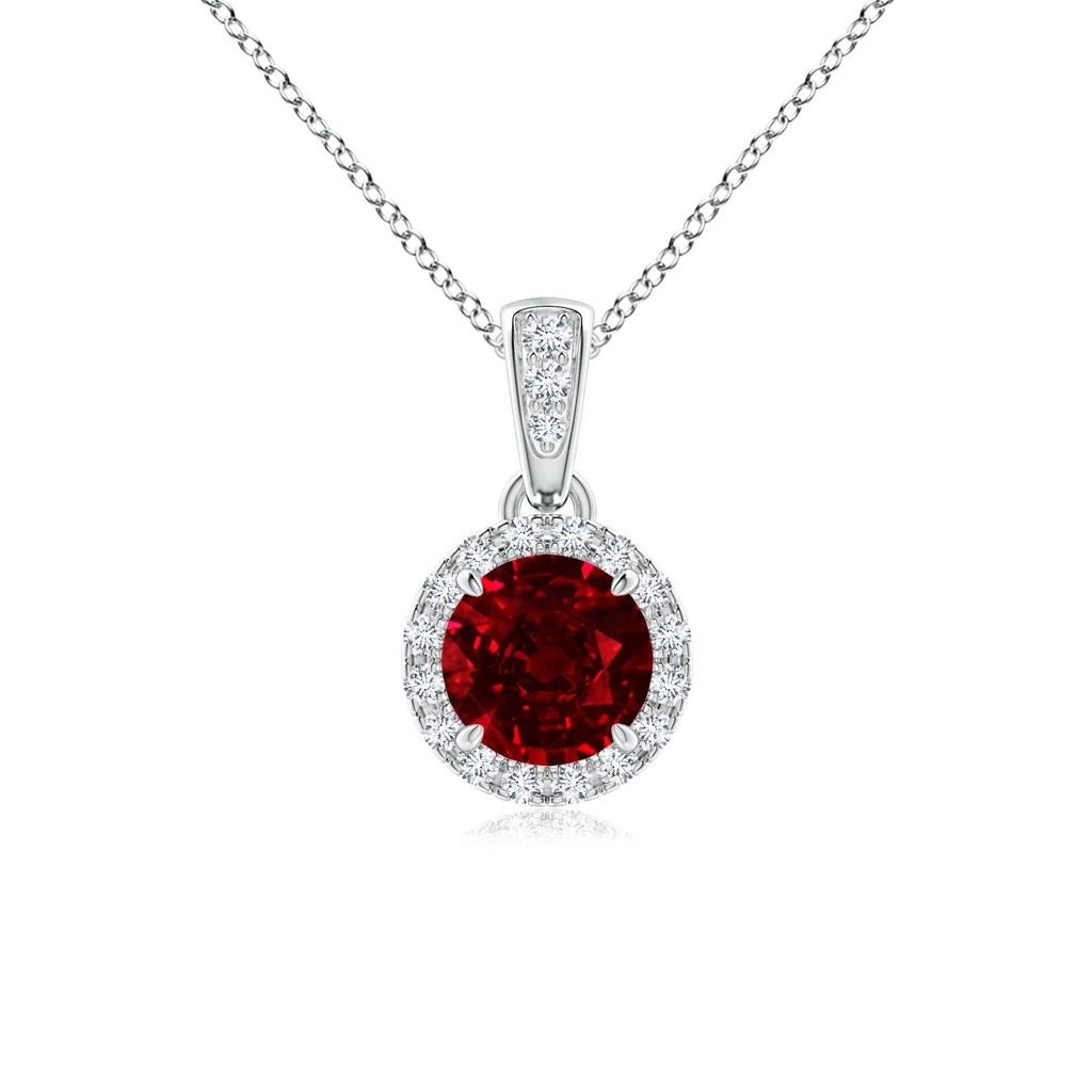 5mm AAAA Claw-Set Round Ruby Pendant with Diamond Halo in White Gold