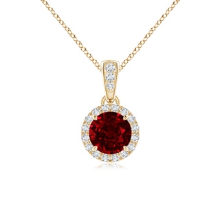 5mm AAAA Claw-Set Round Ruby Pendant with Diamond Halo in Yellow Gold