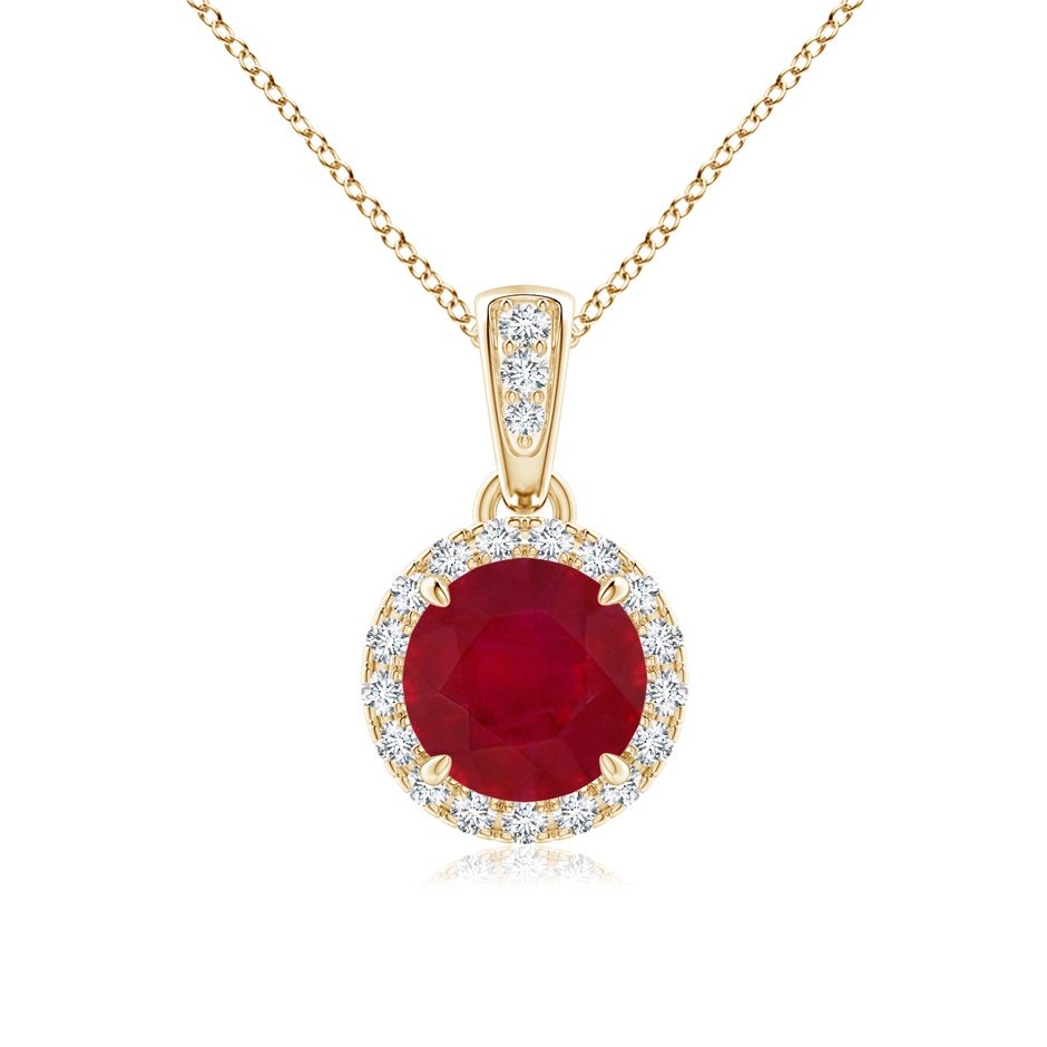 6mm AA Claw-Set Round Ruby Pendant with Diamond Halo in Yellow Gold 