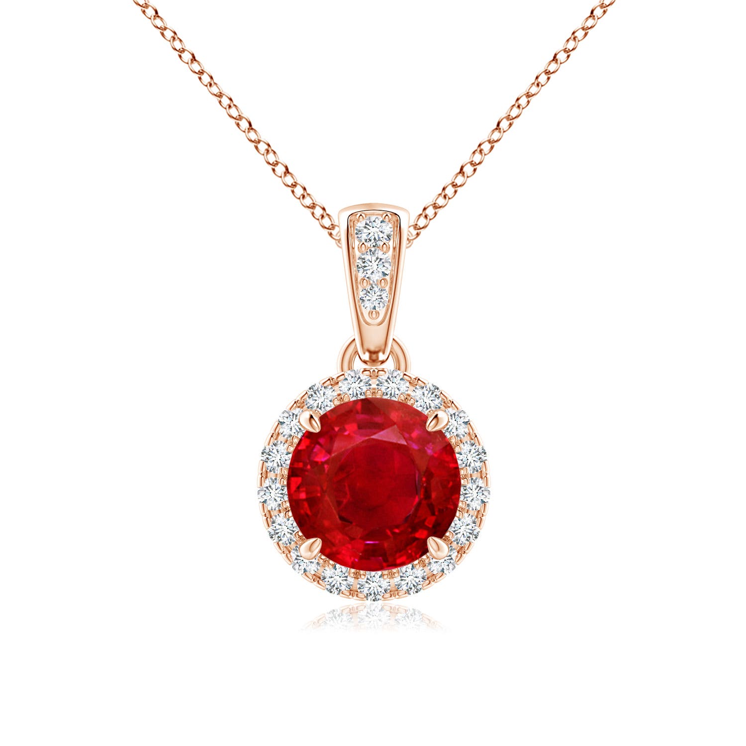 6mm AAA Claw-Set Round Ruby Pendant with Diamond Halo in Rose Gold
