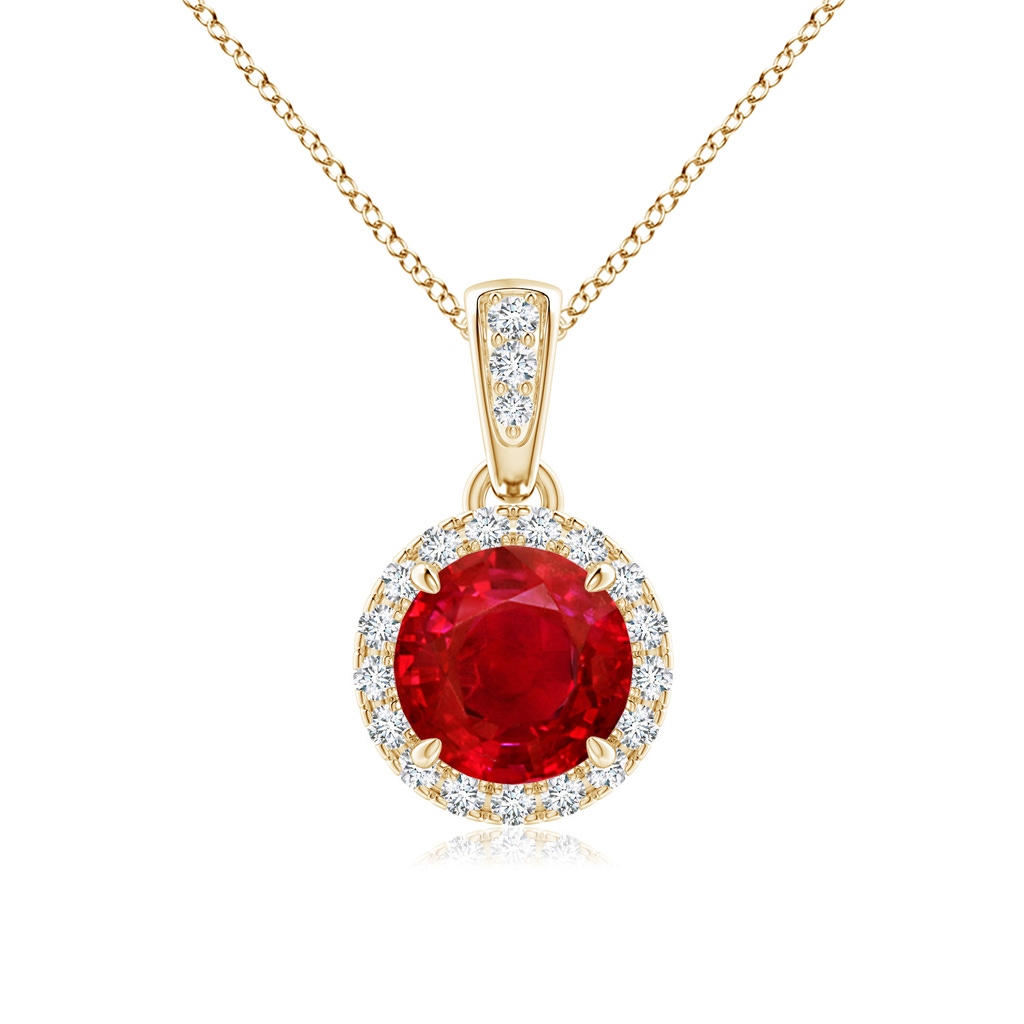 6mm AAA Claw-Set Round Ruby Pendant with Diamond Halo in Yellow Gold