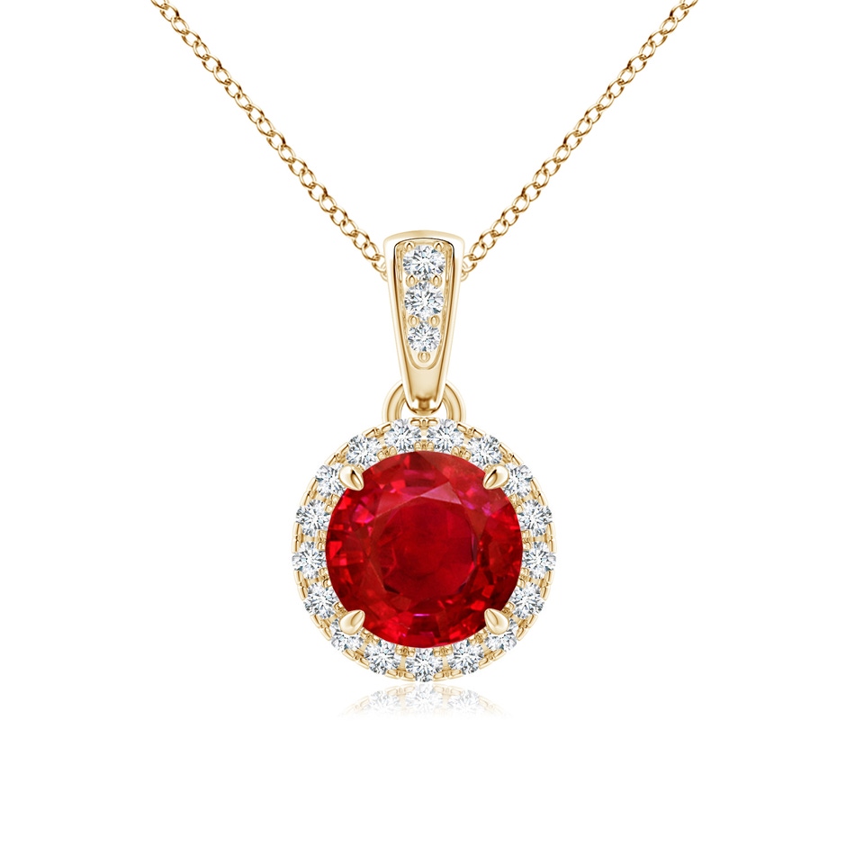 6mm AAA Claw-Set Round Ruby Pendant with Diamond Halo in Yellow Gold 