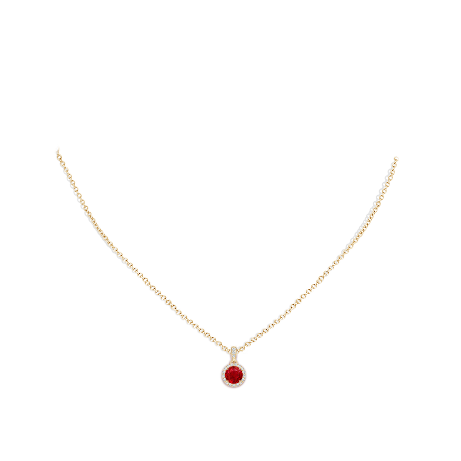 6mm AAA Claw-Set Round Ruby Pendant with Diamond Halo in Yellow Gold Body-Neck