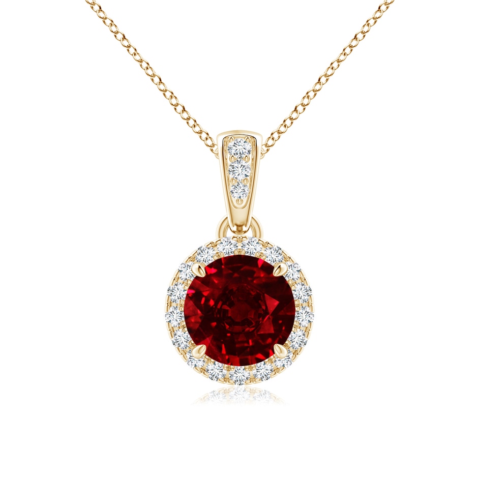 6mm AAAA Claw-Set Round Ruby Pendant with Diamond Halo in 18K Yellow Gold 