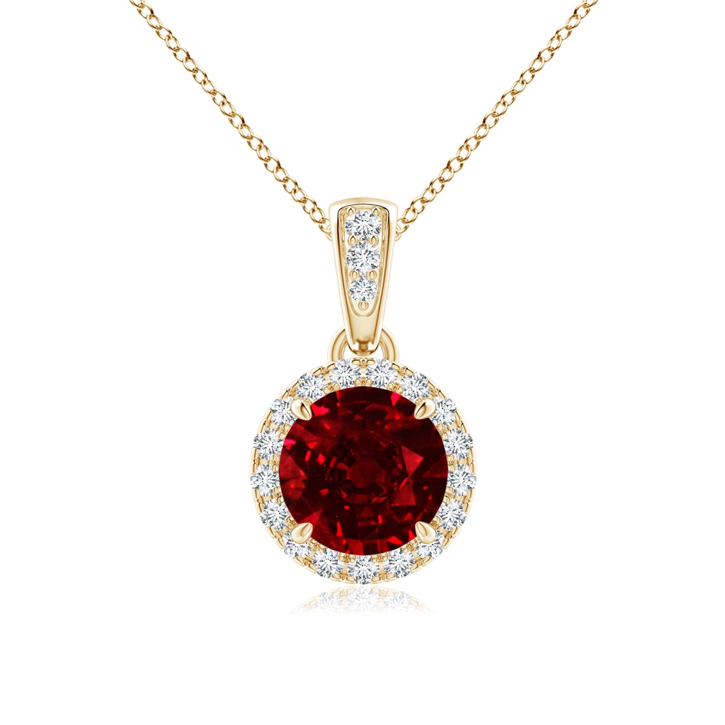 6mm AAAA Claw-Set Round Ruby Pendant with Diamond Halo in Yellow Gold