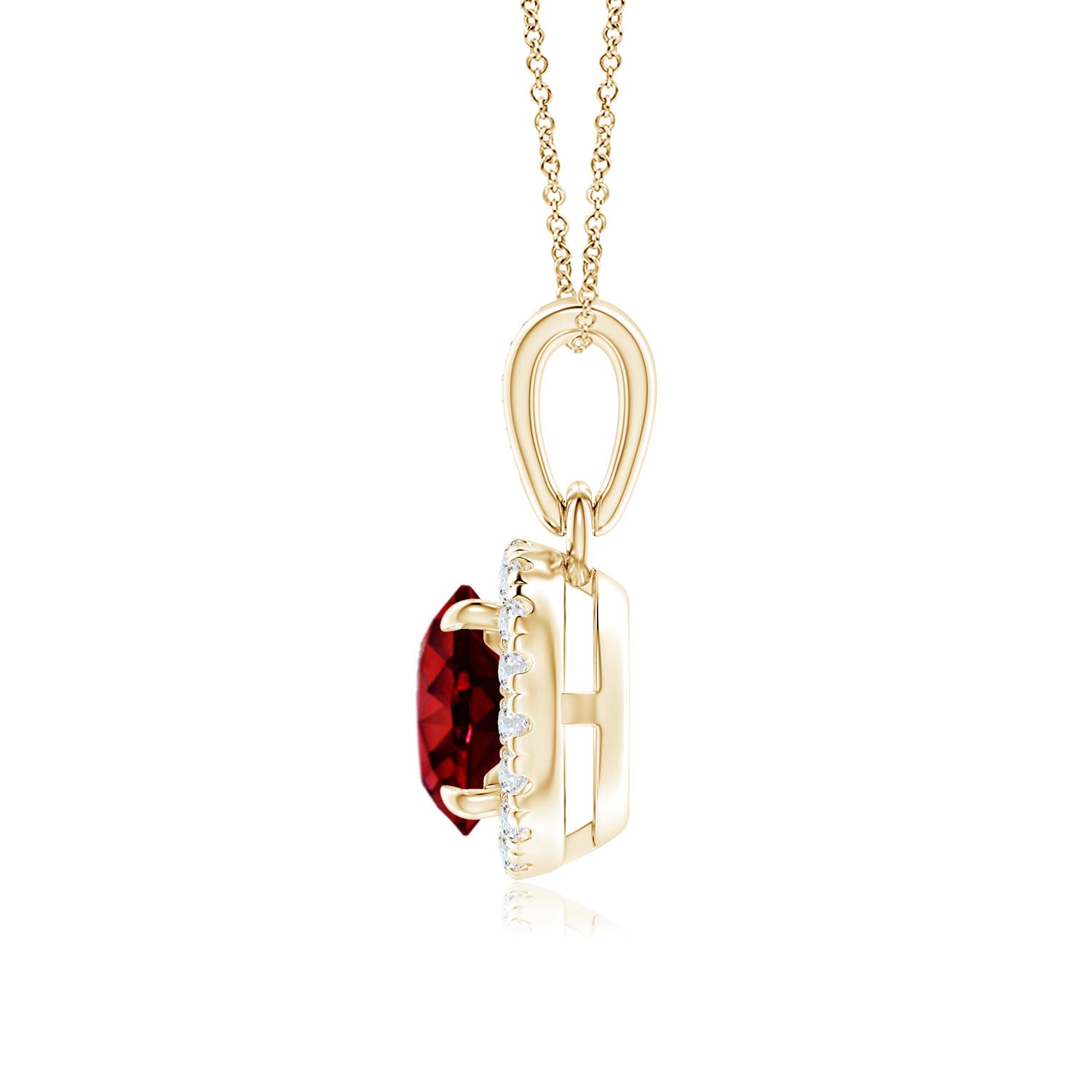 6mm AAAA Claw-Set Round Ruby Pendant with Diamond Halo in Yellow Gold - side 2
