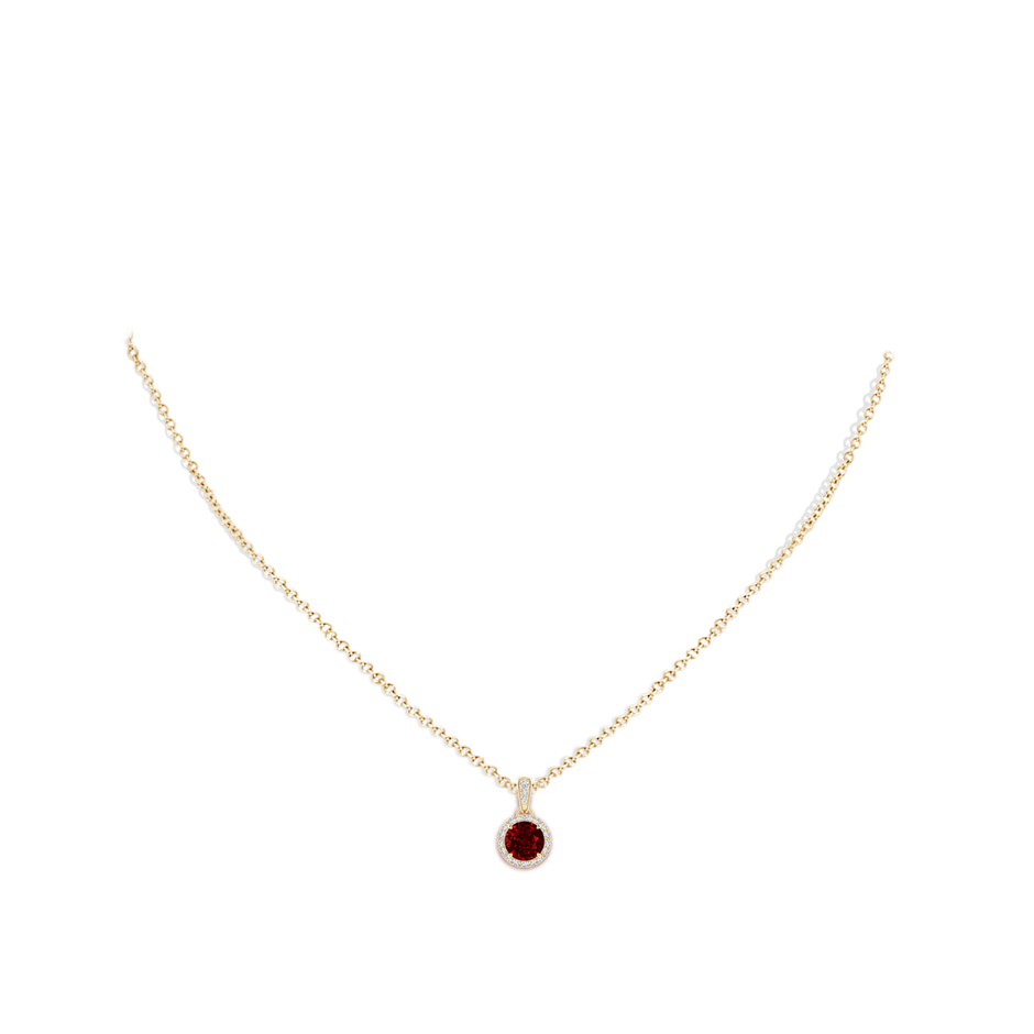 6mm AAAA Claw-Set Round Ruby Pendant with Diamond Halo in Yellow Gold body-neck