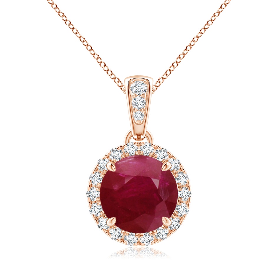 7mm A Claw-Set Round Ruby Pendant with Diamond Halo in Rose Gold 