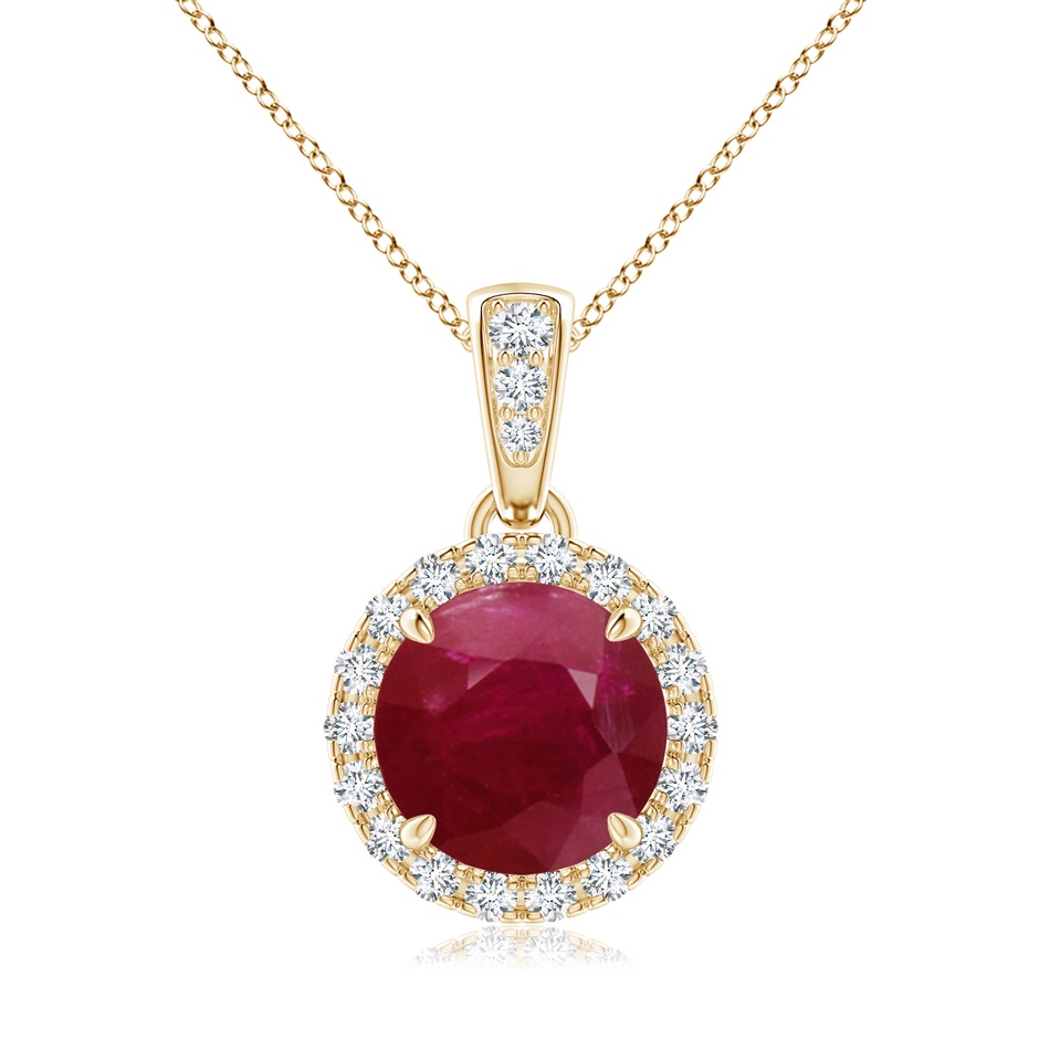 7mm A Claw-Set Round Ruby Pendant with Diamond Halo in Yellow Gold 