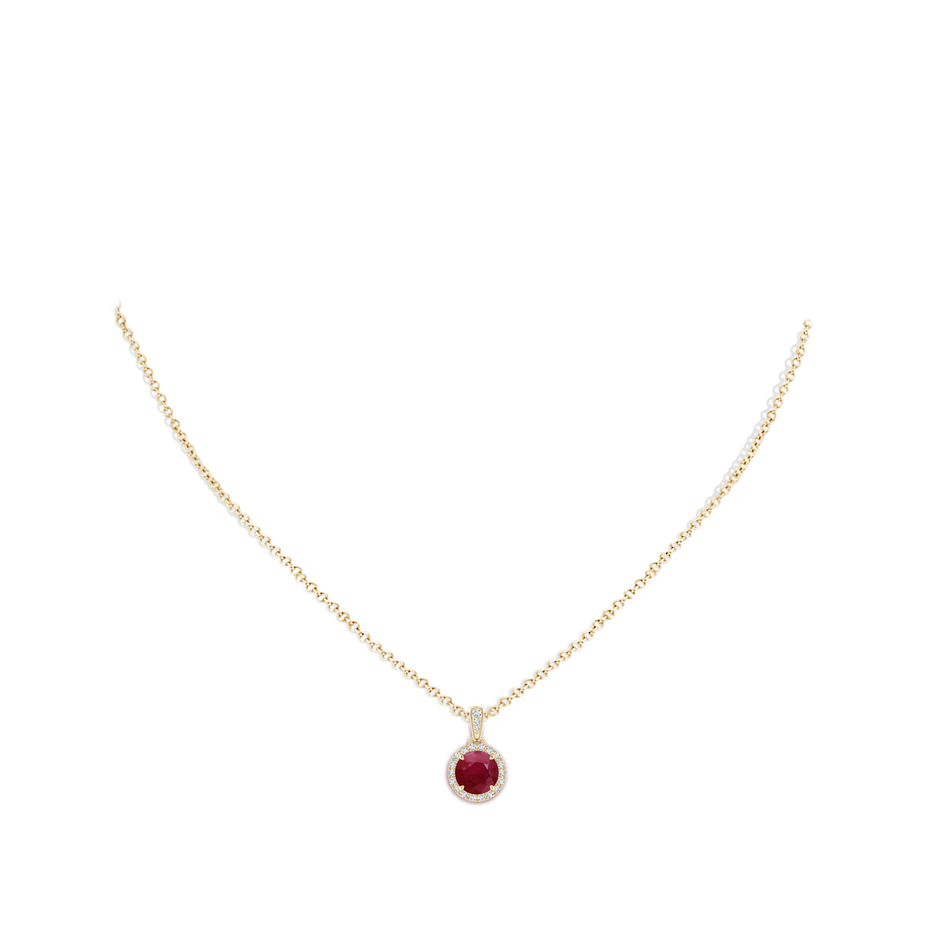 7mm A Claw-Set Round Ruby Pendant with Diamond Halo in Yellow Gold pen