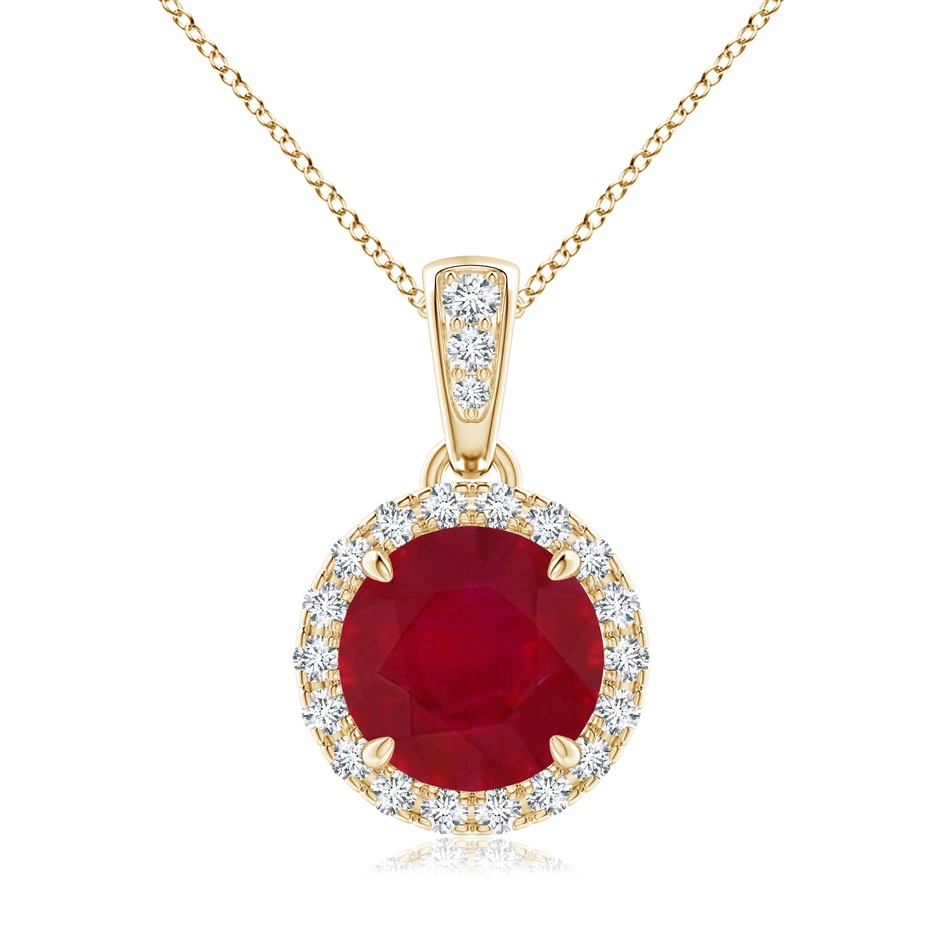 7mm AA Claw-Set Round Ruby Pendant with Diamond Halo in Yellow Gold 