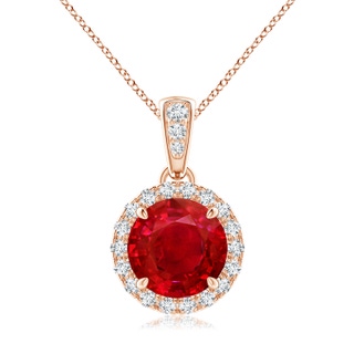 7mm AAA Claw-Set Round Ruby Pendant with Diamond Halo in 18K Rose Gold