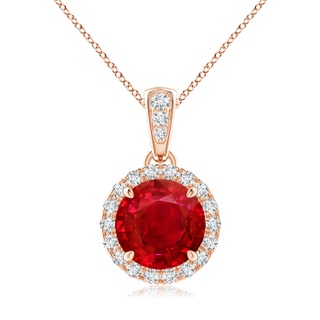 7mm AAA Claw-Set Round Ruby Pendant with Diamond Halo in Rose Gold