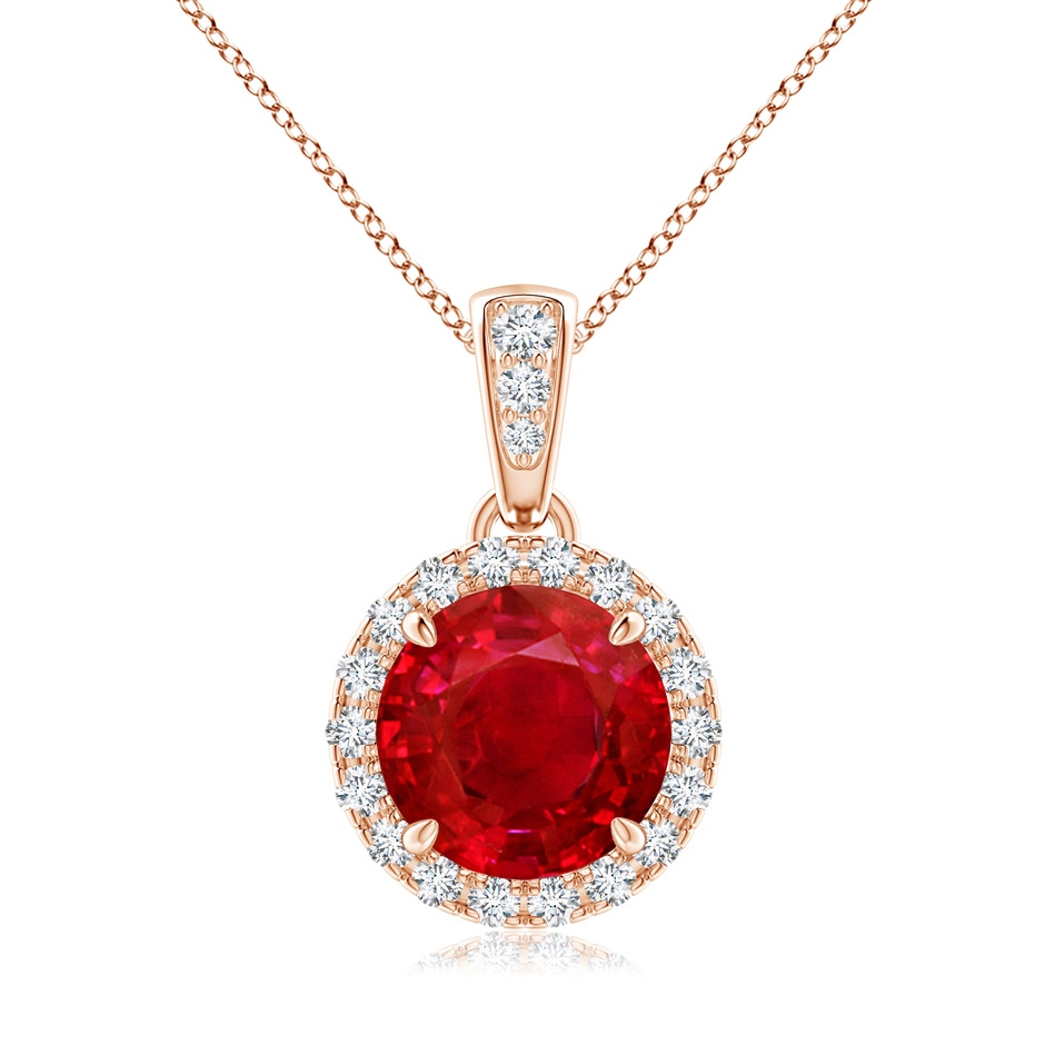 7mm AAA Claw-Set Round Ruby Pendant with Diamond Halo in Rose Gold 