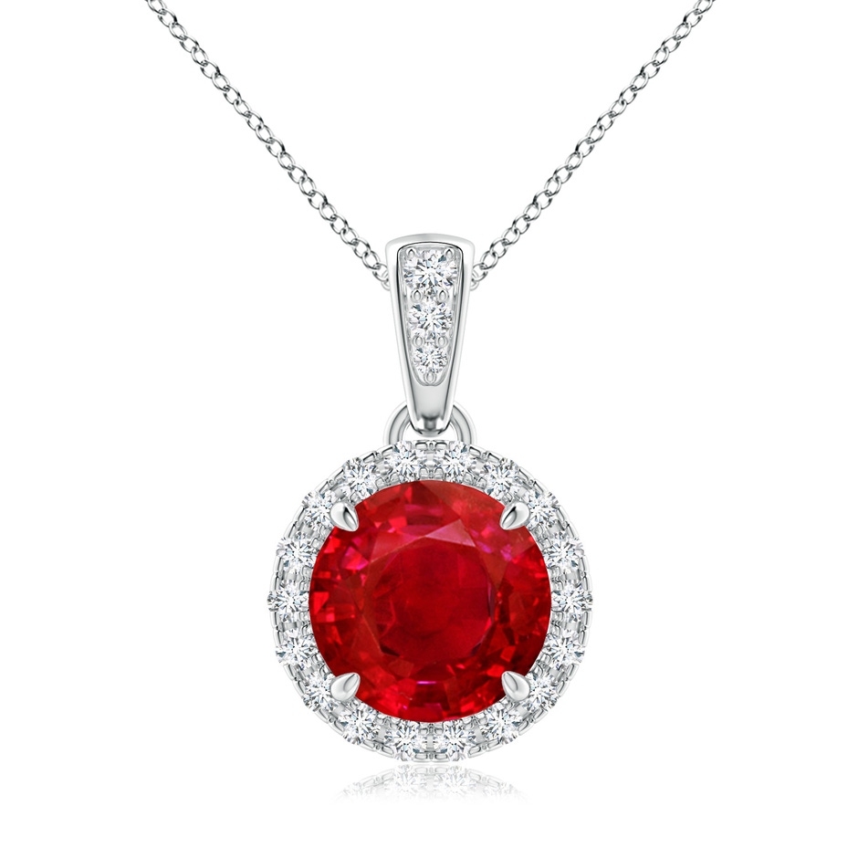 7mm AAA Claw-Set Round Ruby Pendant with Diamond Halo in White Gold 