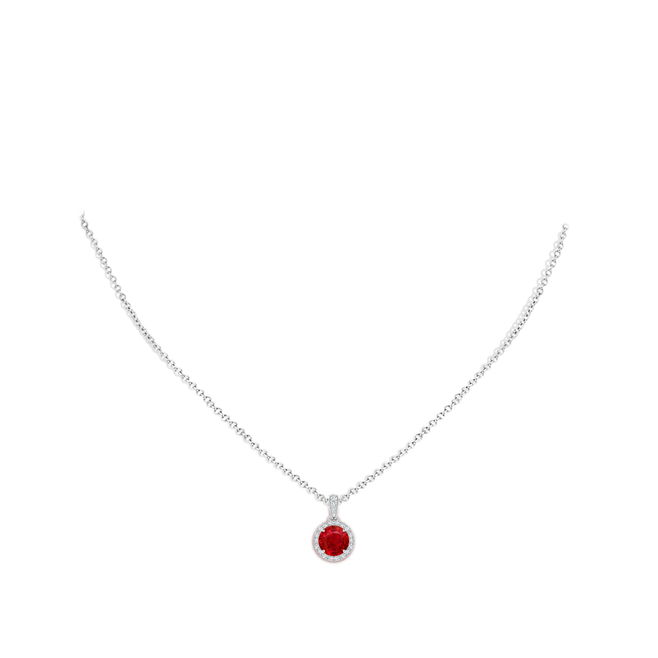 7mm AAA Claw-Set Round Ruby Pendant with Diamond Halo in White Gold pen