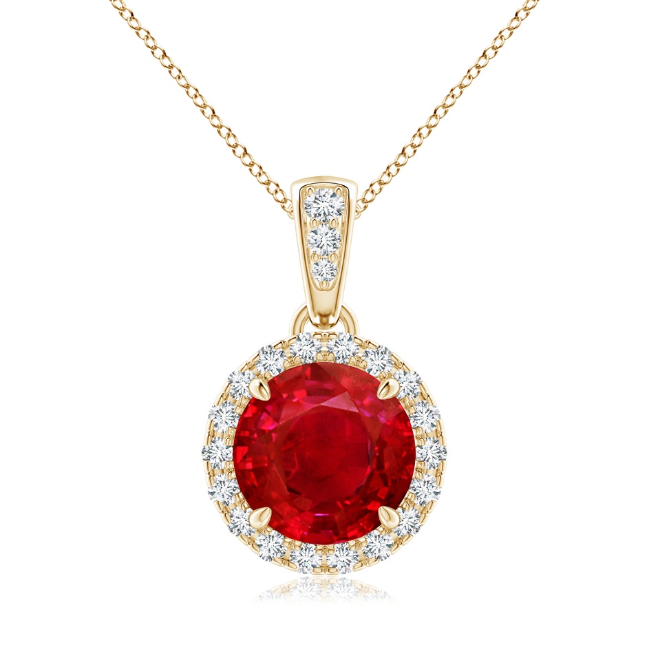 7mm AAA Claw-Set Round Ruby Pendant with Diamond Halo in Yellow Gold 