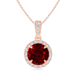 7mm AAAA Claw-Set Round Ruby Pendant with Diamond Halo in 10K Rose Gold