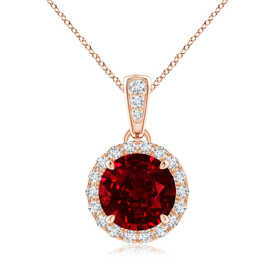 7mm AAAA Claw-Set Round Ruby Pendant with Diamond Halo in 18K Rose Gold 