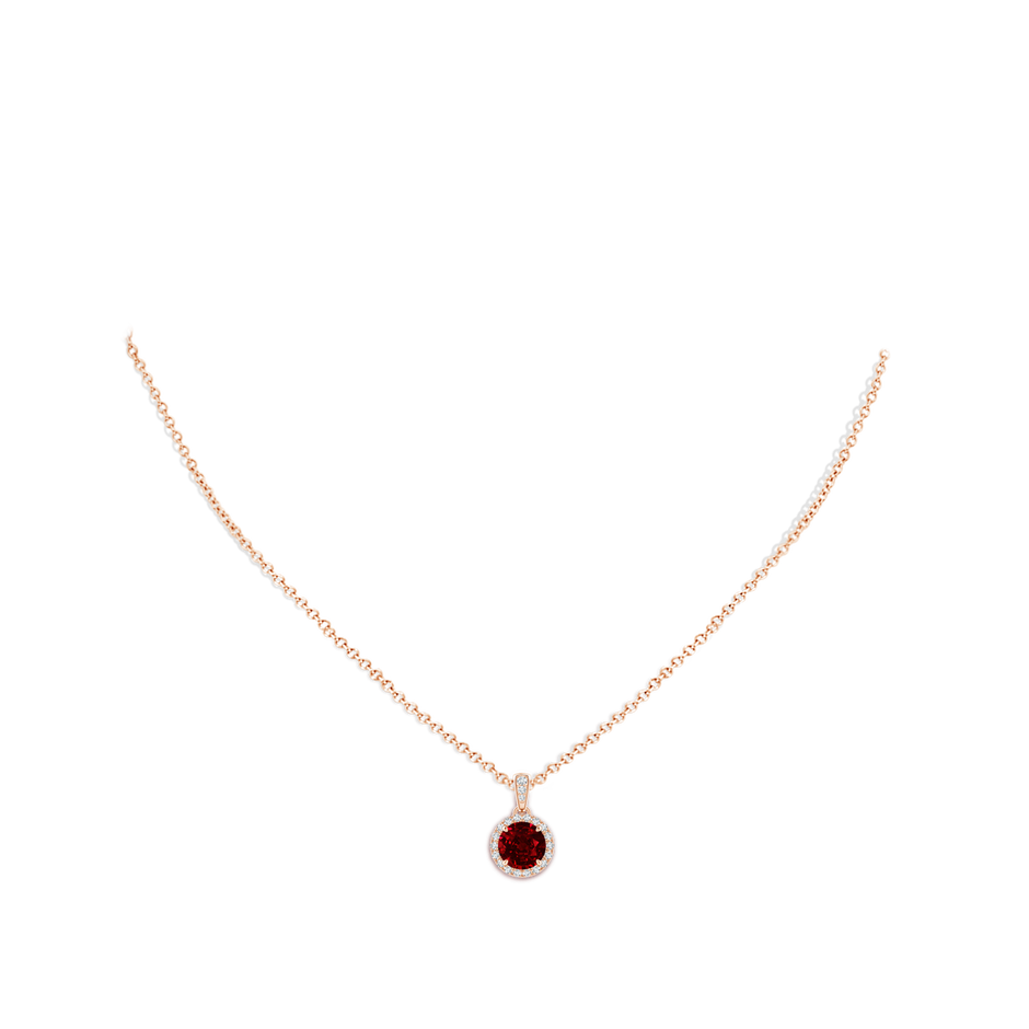 7mm AAAA Claw-Set Round Ruby Pendant with Diamond Halo in 18K Rose Gold pen