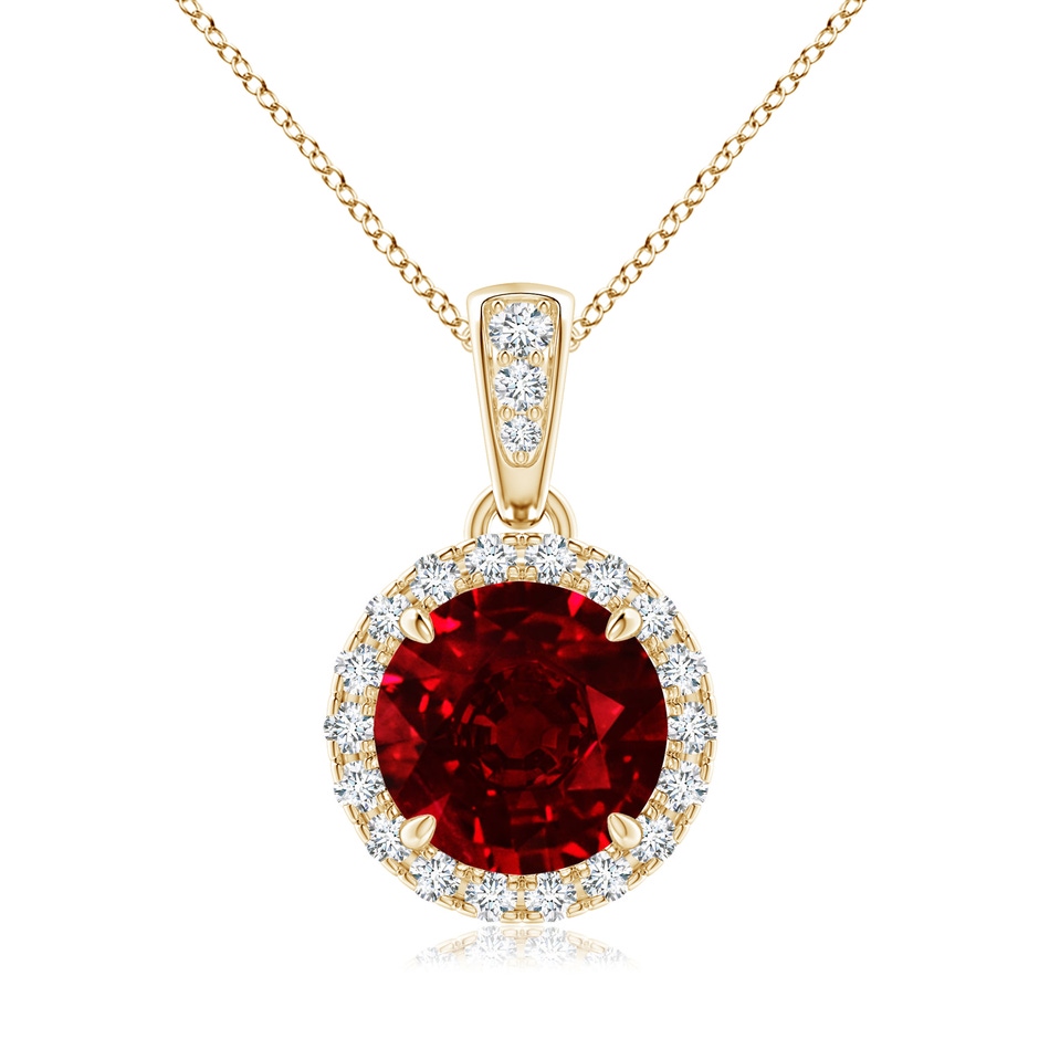 7mm AAAA Claw-Set Round Ruby Pendant with Diamond Halo in Yellow Gold 